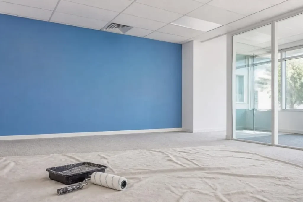 Freshly painted office interior with a blue accent wall