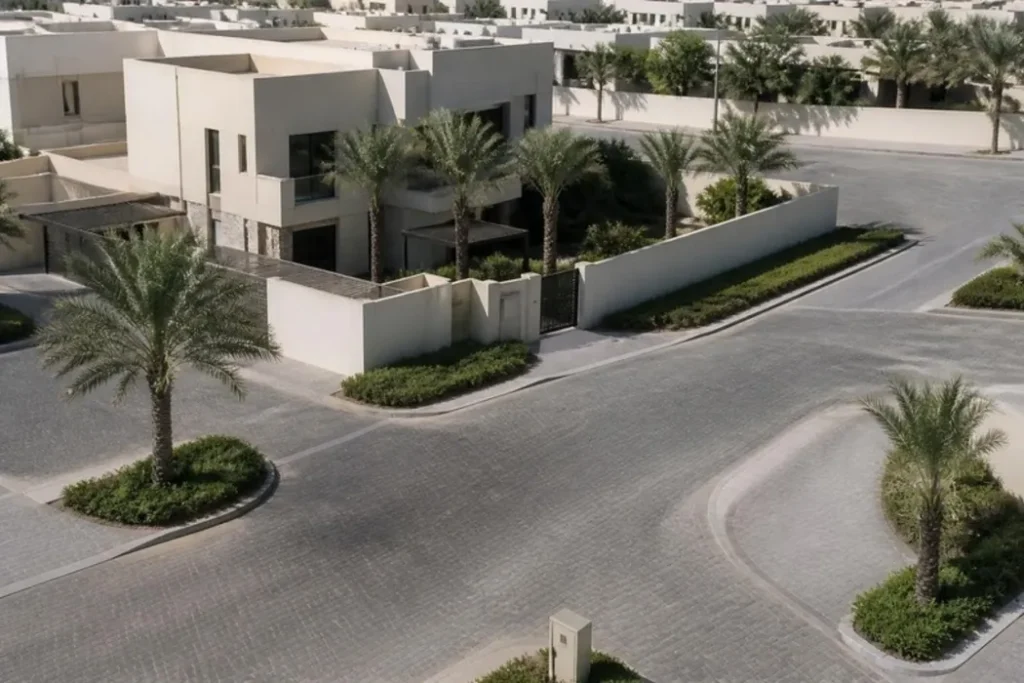 Interlock paved roads and block walls in a UAE villa compound