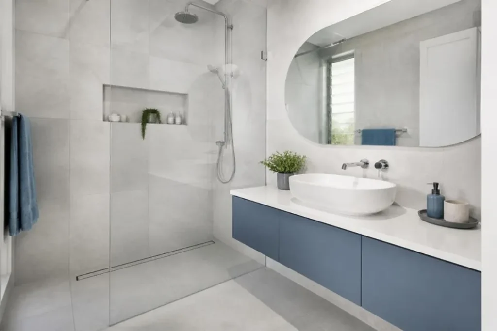 Modern bathroom with large-format porcelain tiles in the UAE